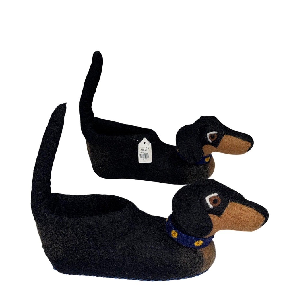 Sew Heart Felt Dachshund Slippers Womens 5-6 Black Wool Handmade New with Tags